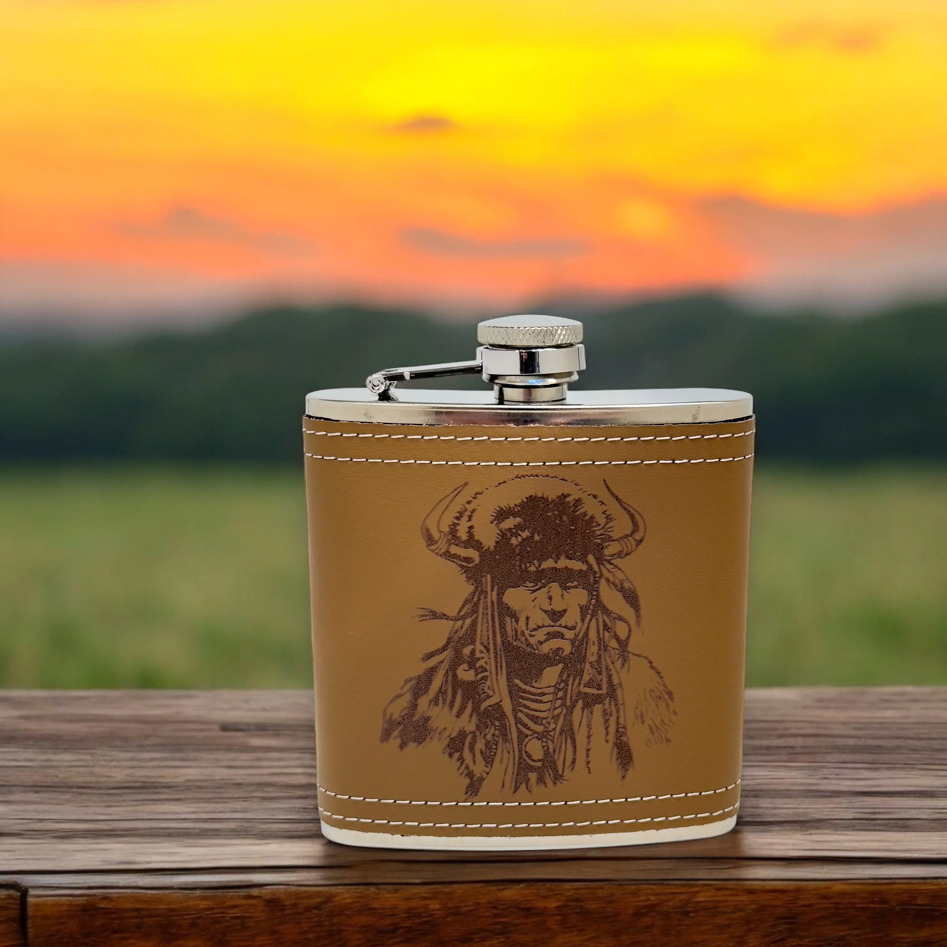 6oz Native Warrior Leather Flask
