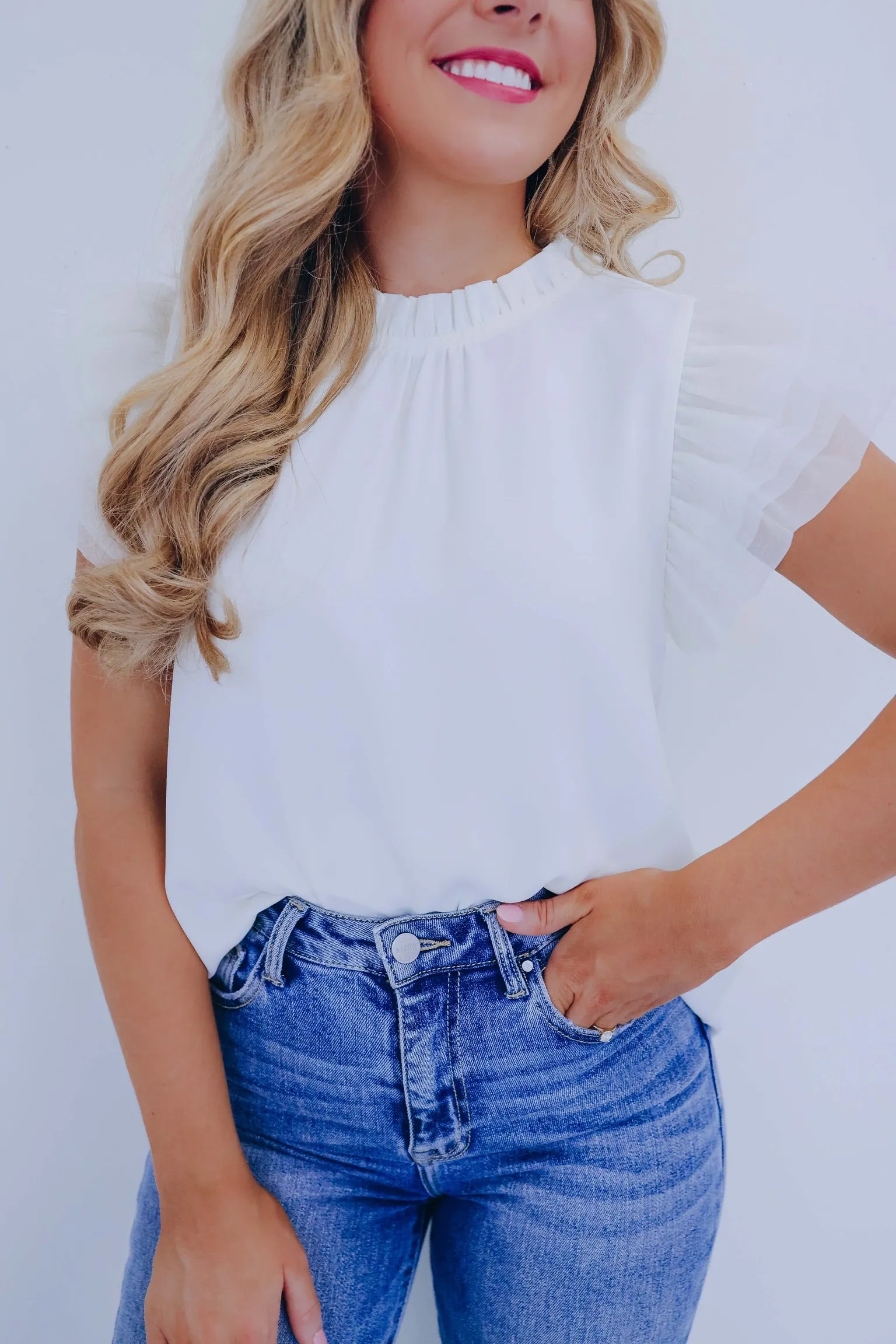Angelica Tulle Ruffle Sleeve Top - Ivory