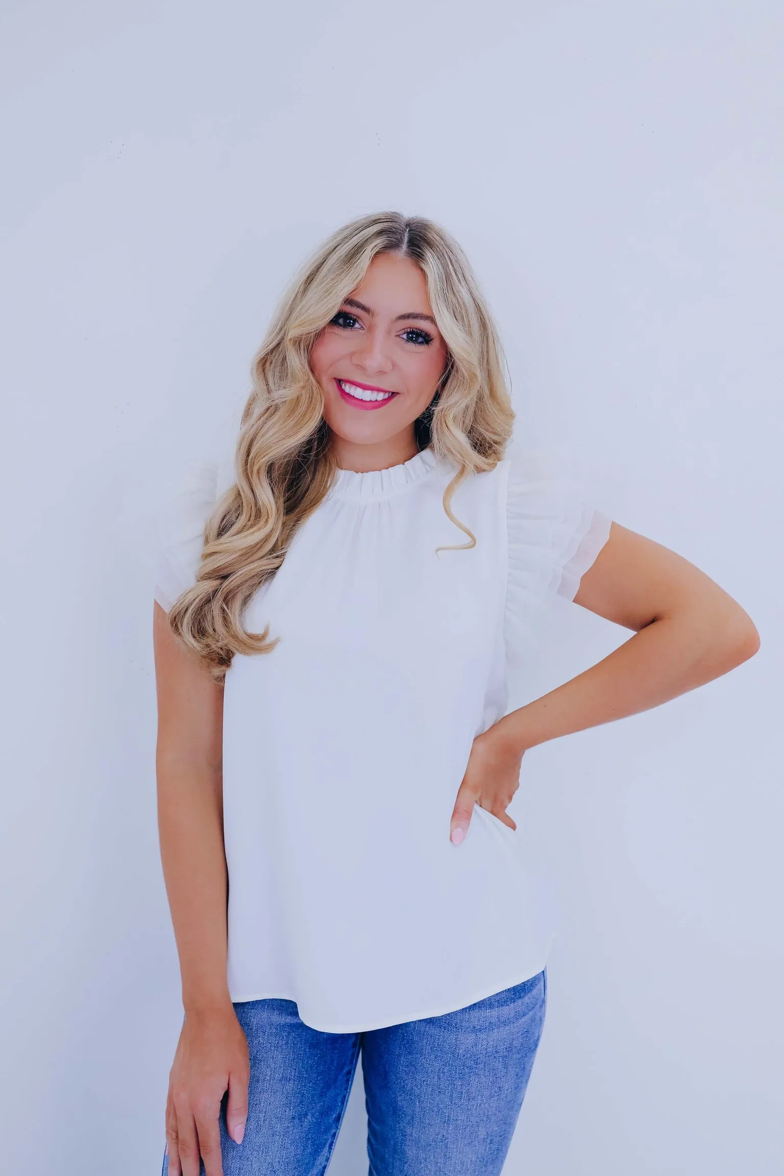Angelica Tulle Ruffle Sleeve Top - Ivory