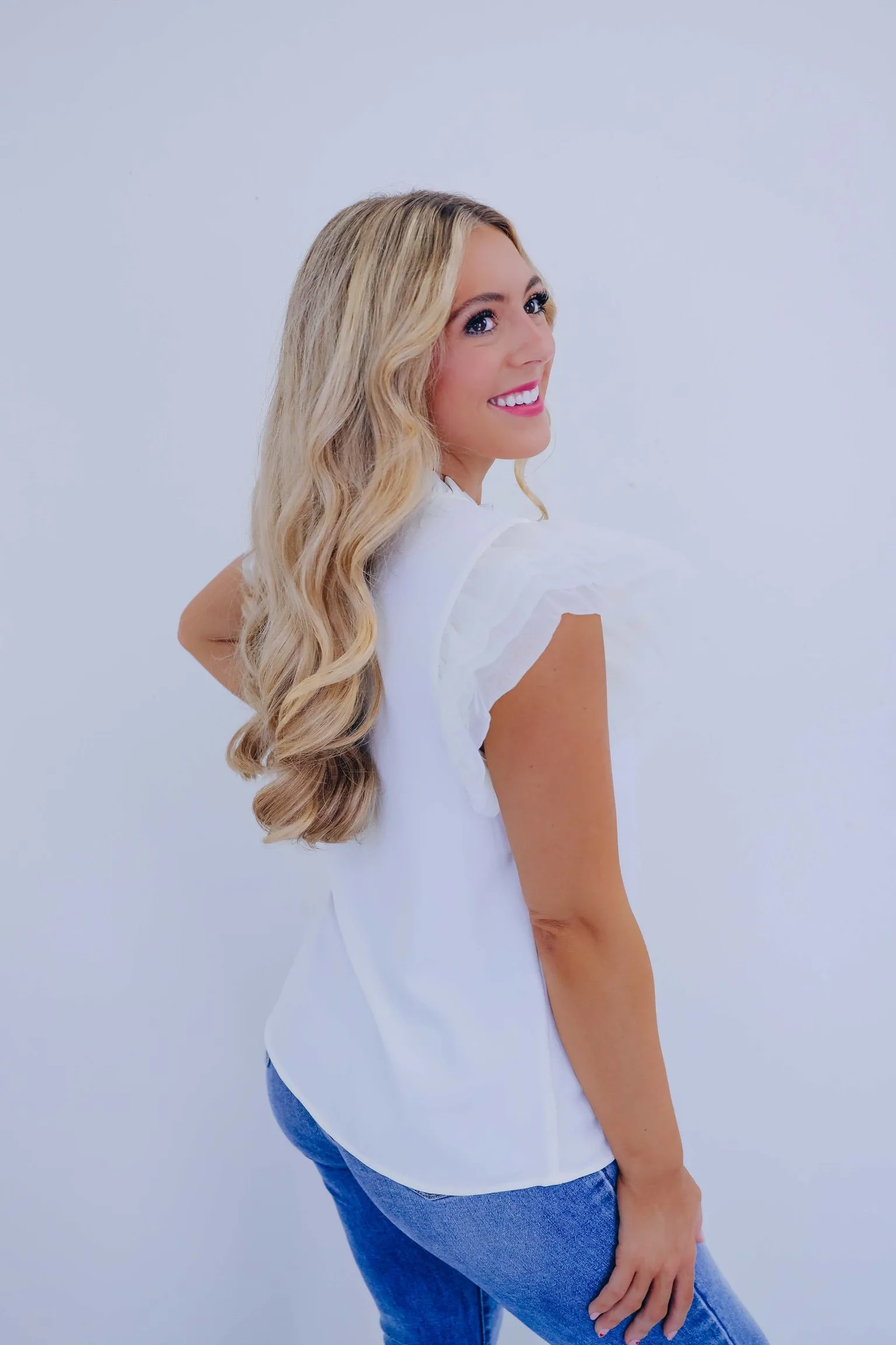 Angelica Tulle Ruffle Sleeve Top - Ivory