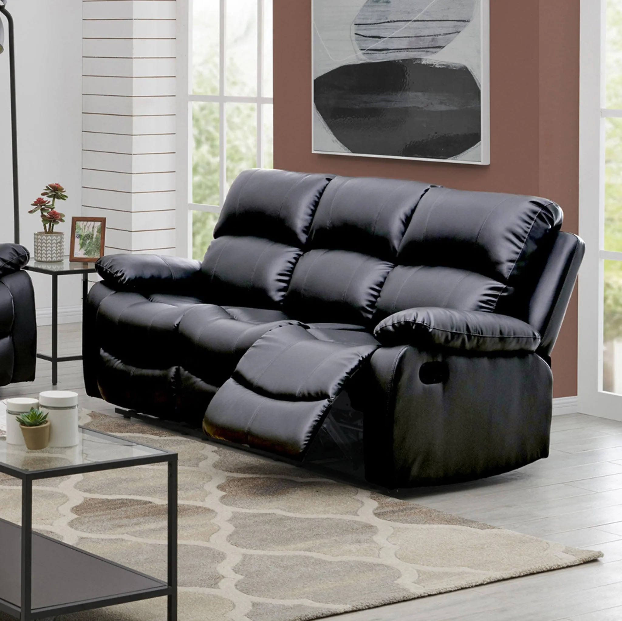 Black Faux Leather Manual Recliner Sofa Suite