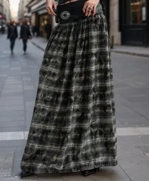 Colorblock Plaid Vintage Skirt For Women High Waist Spliced Belt Loose Casual Temperament A Line Skirts Female New