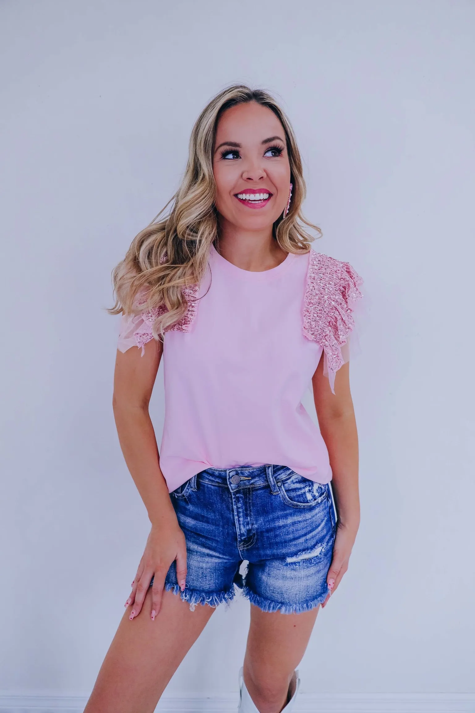 Delicate Touch Flutter Sleeve Tee - Pink