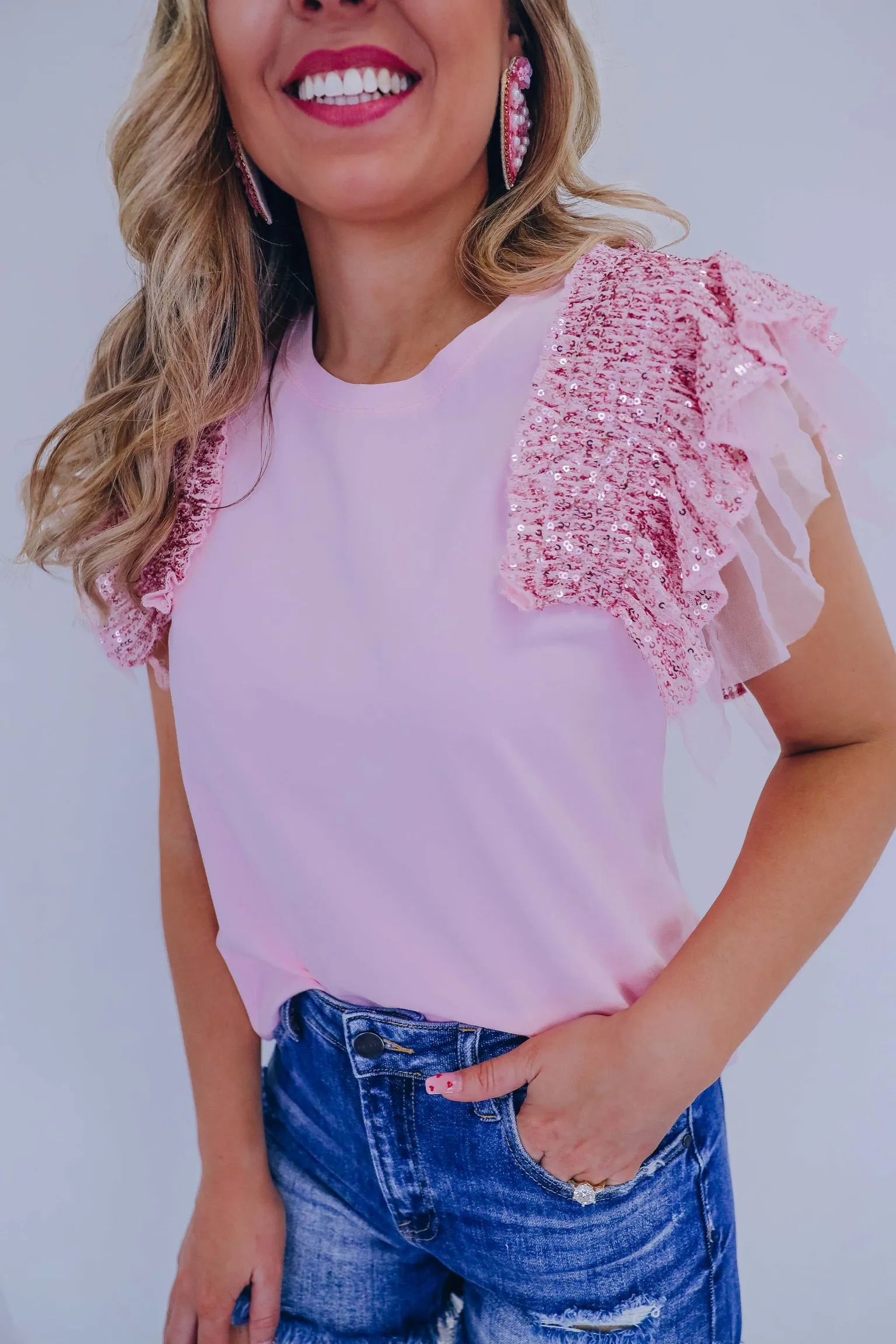 Delicate Touch Flutter Sleeve Tee - Pink