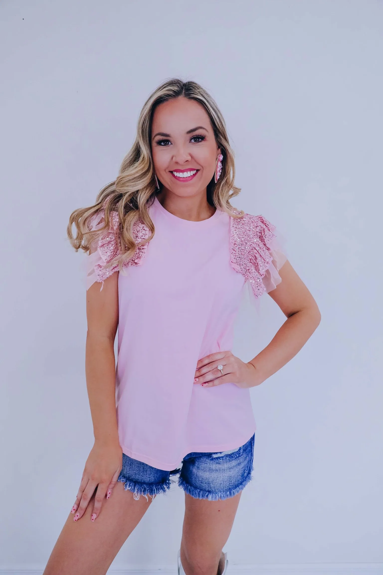 Delicate Touch Flutter Sleeve Tee - Pink