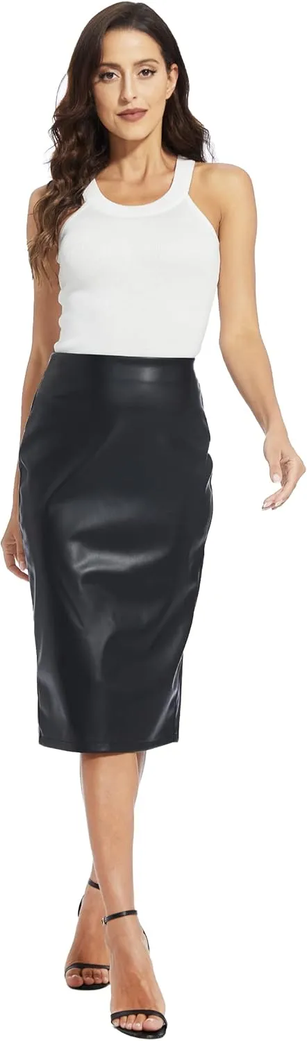 Fahsyee Womens Leather Skirt, Bodycon Faux Mini High Waist Casual Zip PU Slim Pencil Plus Size