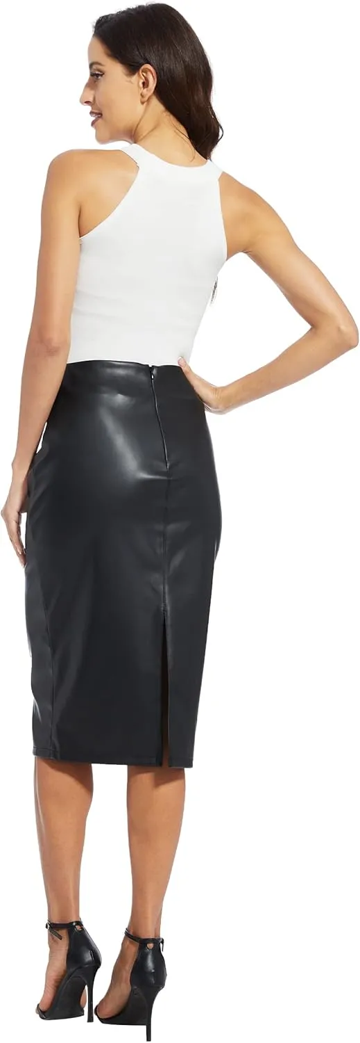 Fahsyee Womens Leather Skirt, Bodycon Faux Mini High Waist Casual Zip PU Slim Pencil Plus Size