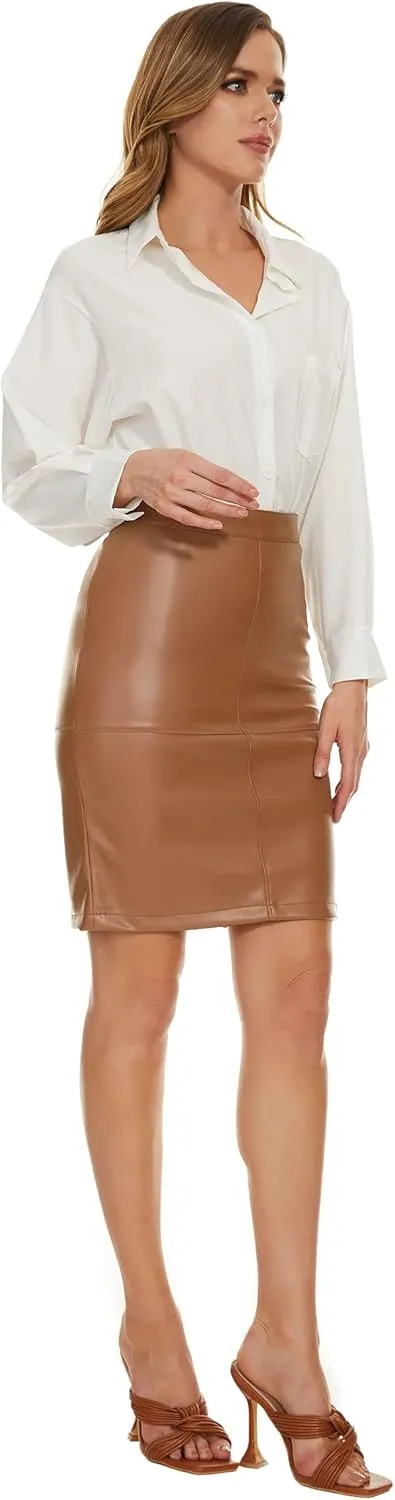 Fahsyee Womens Leather Skirt, Bodycon Faux Mini High Waist Casual Zip PU Slim Pencil Plus Size