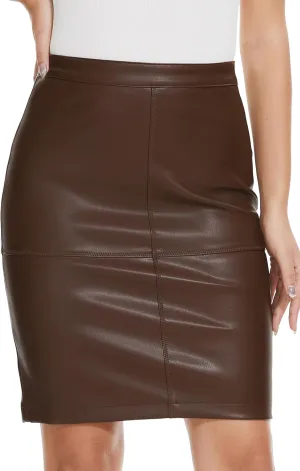 Fahsyee Womens Leather Skirt, Bodycon Faux Mini High Waist Casual Zip PU Slim Pencil Plus Size