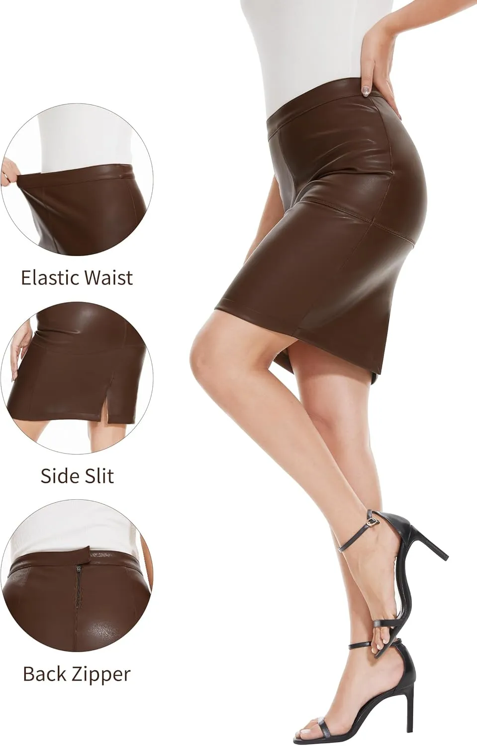 Fahsyee Womens Leather Skirt, Bodycon Faux Mini High Waist Casual Zip PU Slim Pencil Plus Size