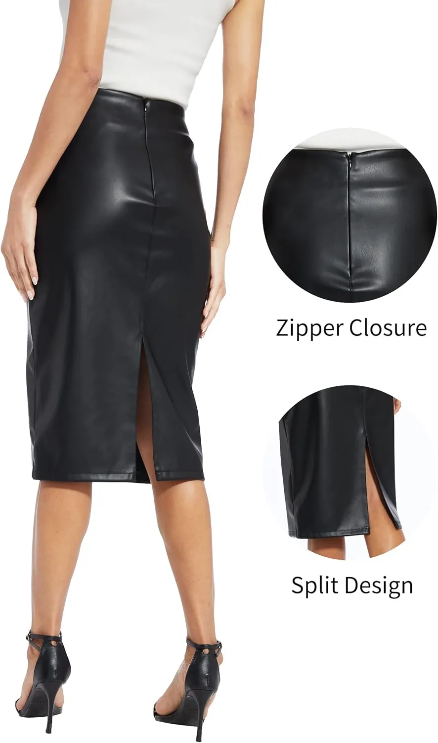 Fahsyee Womens Leather Skirt, Bodycon Faux Mini High Waist Casual Zip PU Slim Pencil Plus Size