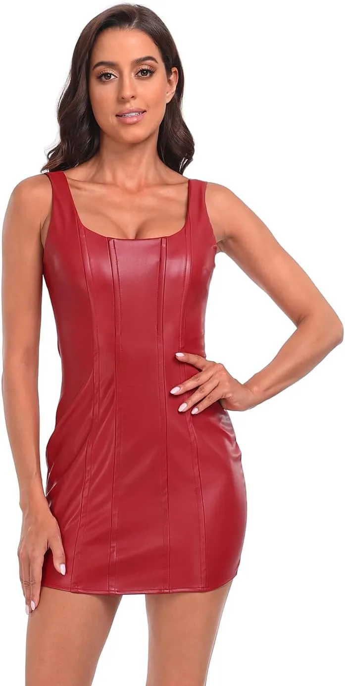 HDE Women's Faux Leather Square Neck Mini Dress Sexy Bodycon Party Club Dresses