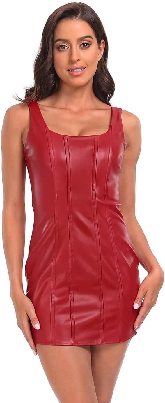 HDE Women's Faux Leather Square Neck Mini Dress Sexy Bodycon Party Club Dresses