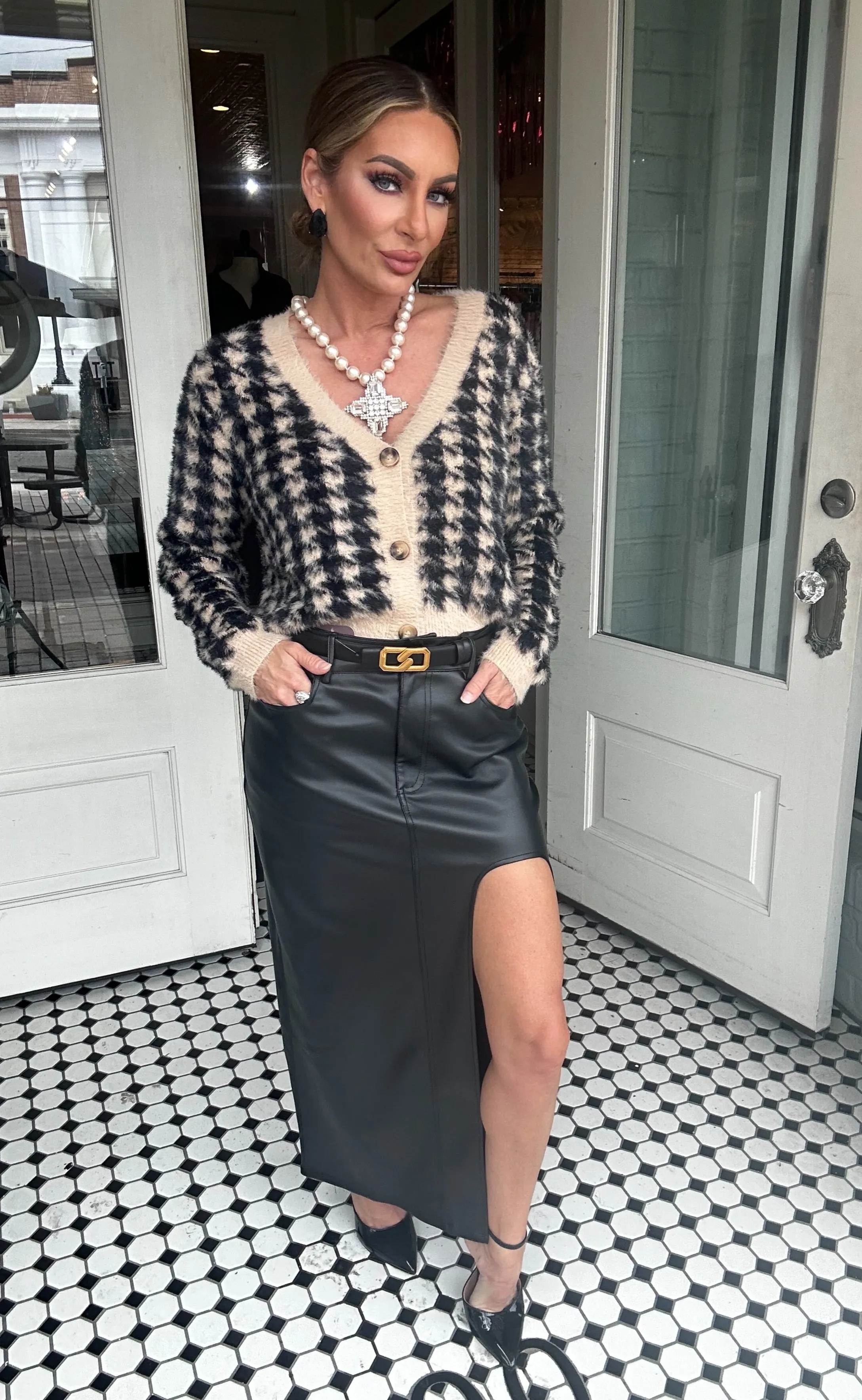 Lena Leather Cut Out Midi Skirt