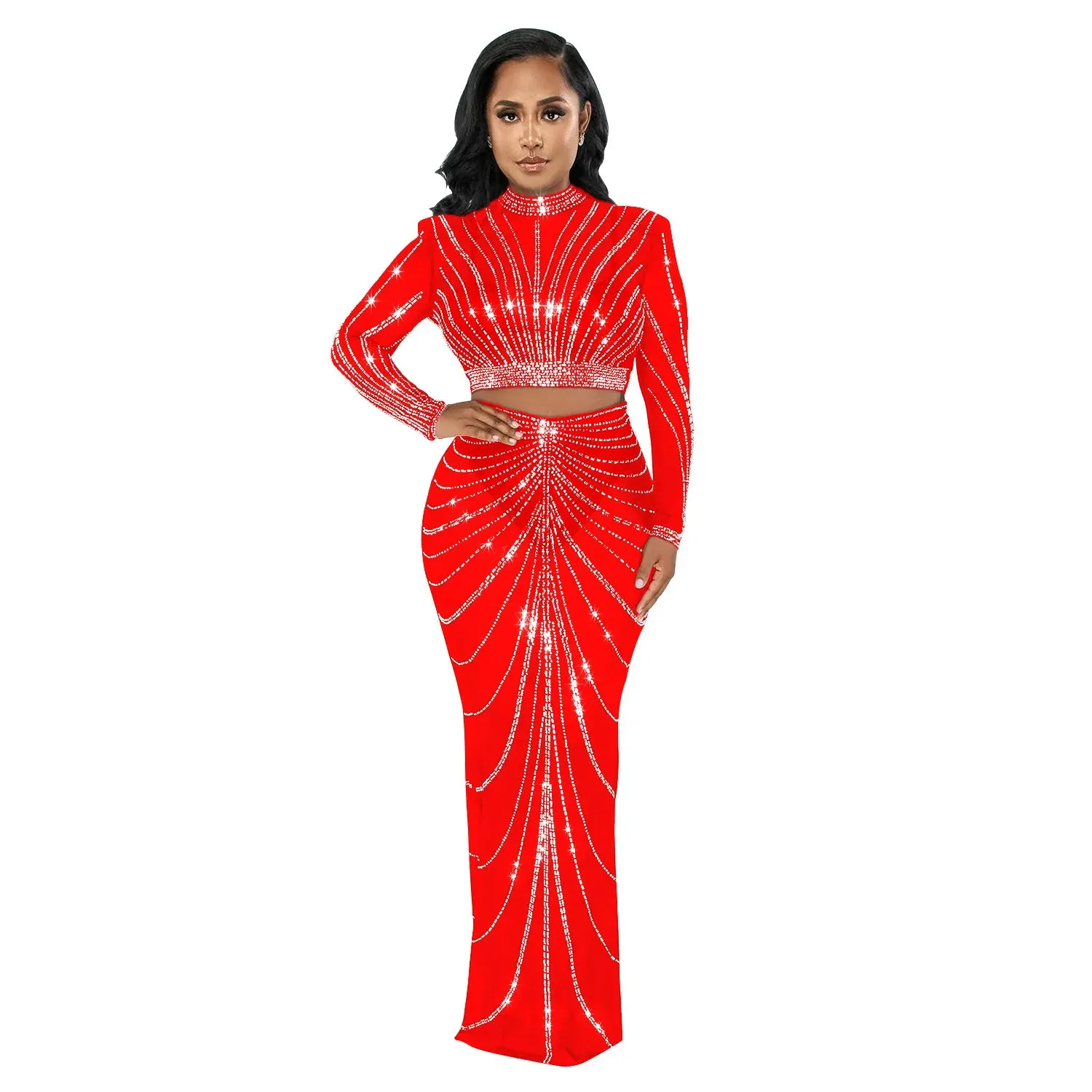 LVSANW 2024 Long Sleeve Mesh Maxi Bodycon Elegant Party Sparkly Rhinestone For Birthday Dress Sexy Club Two Piece Sets Womens Outifits