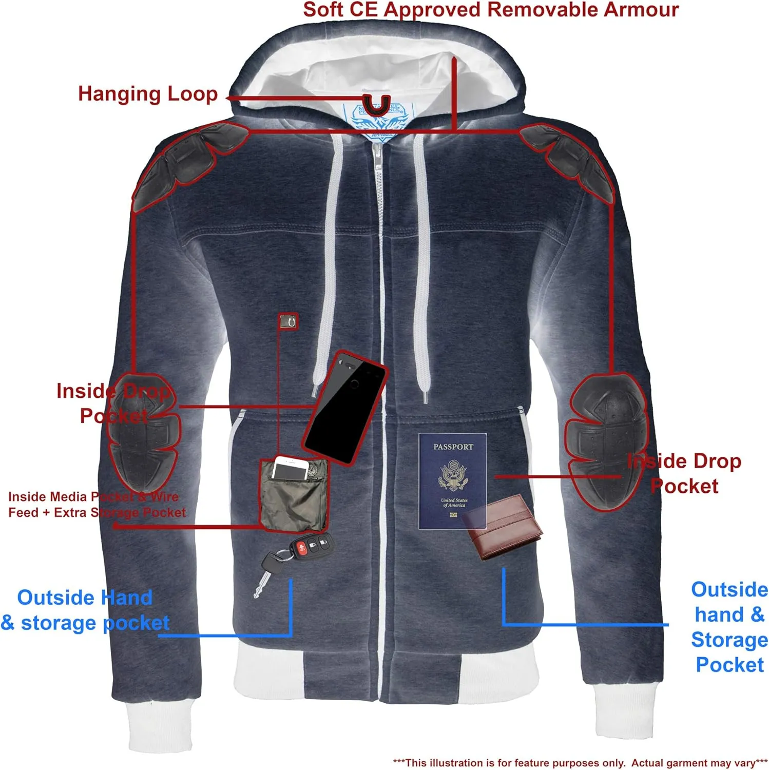 Milwaukee Leather MPM1788 Men's Black CE Approved Armored Riding Hoodie Sweater w/Aramid by DuPont Fibers