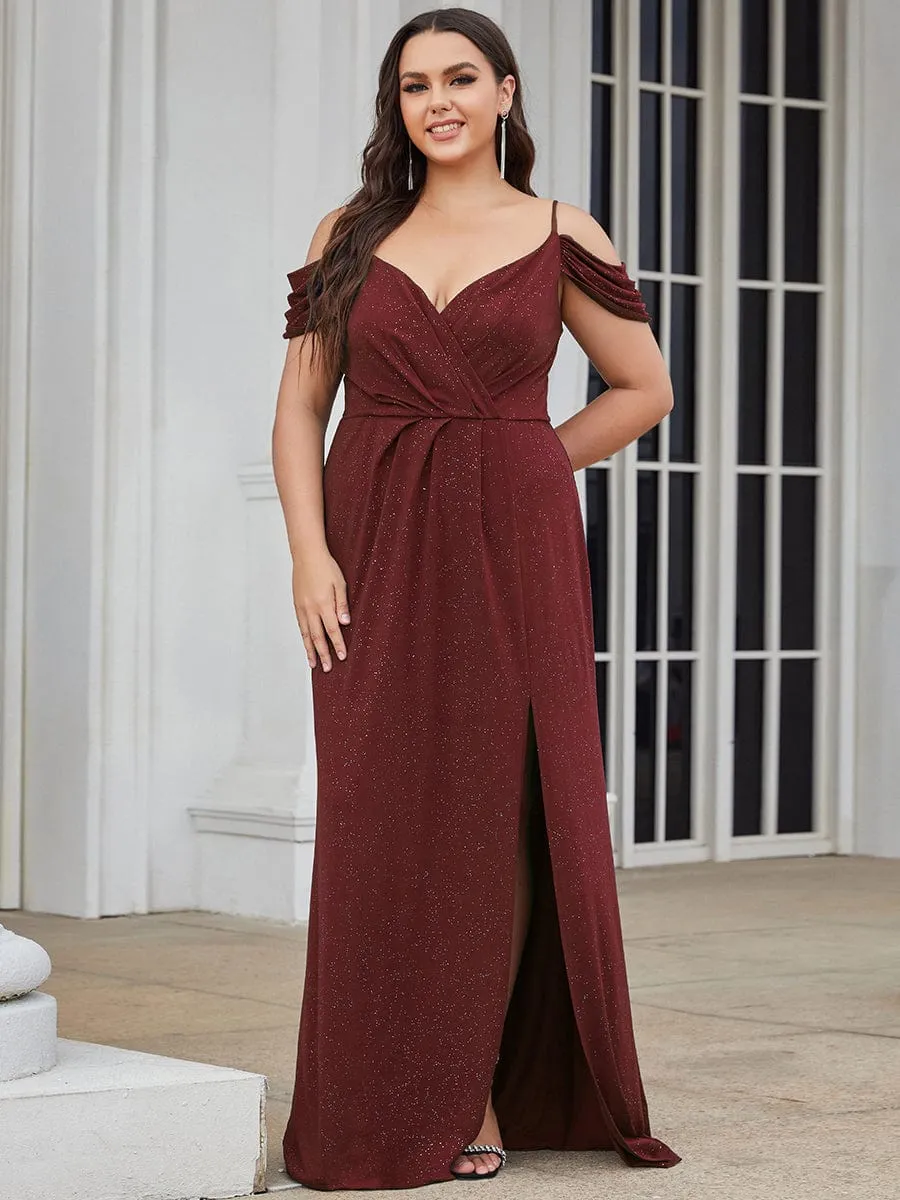 Plus Size V-Neck Cold Shoulder Floor-Length Evening Dress