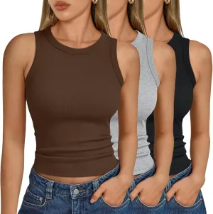 SUNBS Womens 3 Pack Tank Tops Summer 2025 Sleeveless Racerback Ribbed Workout High Neck Basic Trendy Fashion Clothes
