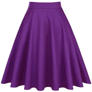 Women High Waist Midi Skirt Summer Vintage Style Cotton Solid Color Purple Ladies A Line Flare Swing Pin Up Rockabilly Skirts