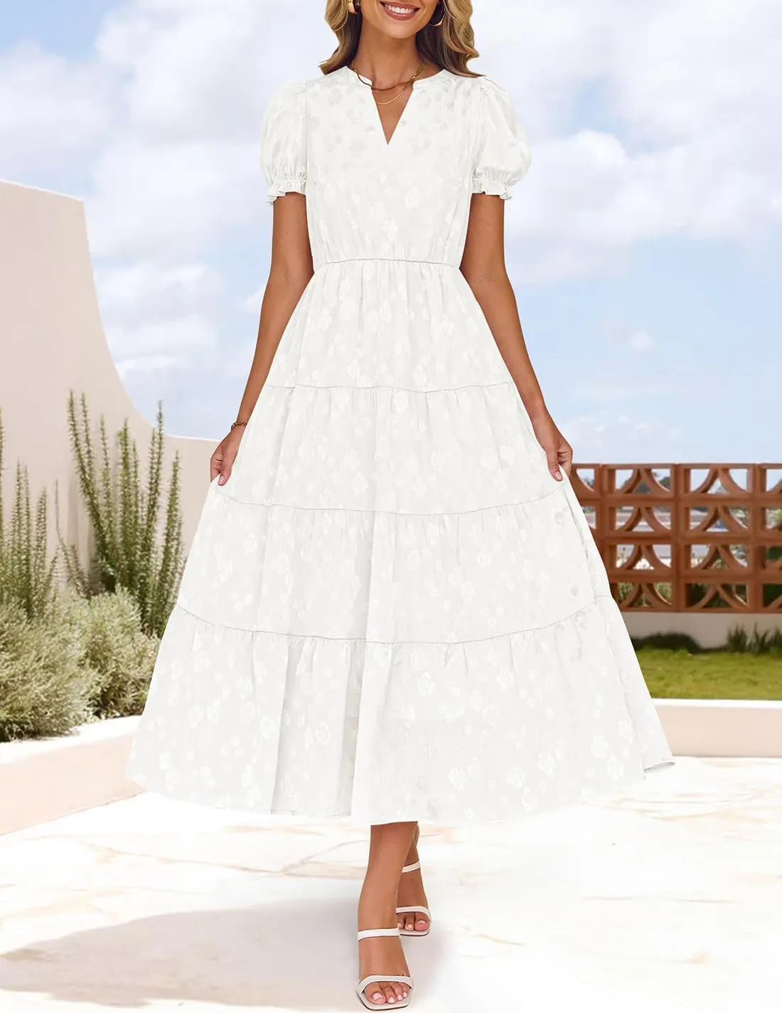 ZESICA Womens 2025 Summer Puff Short Sleeve Midi Dress Floral V Neck Textured Ruffle Flowy Beach Party Dresses