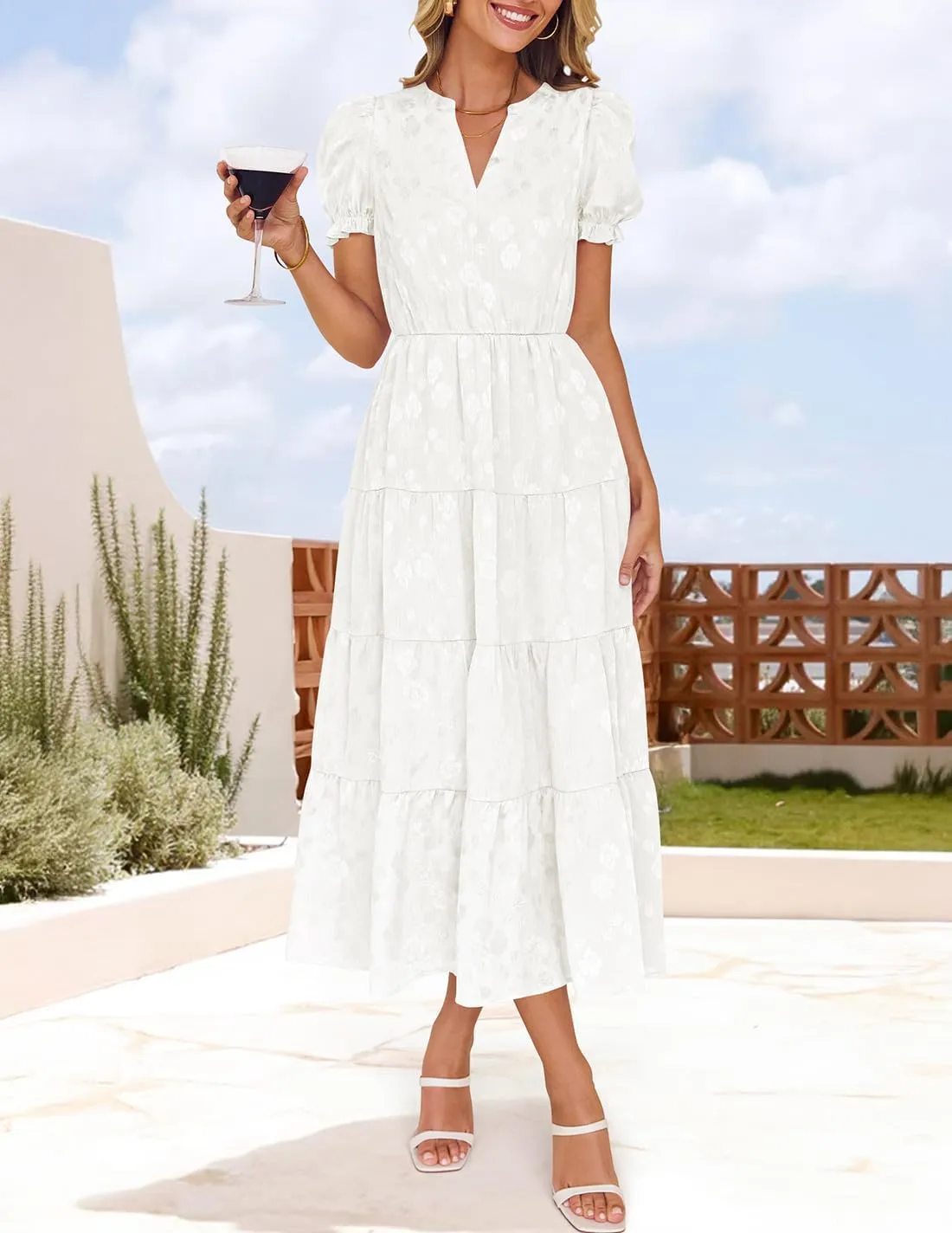 ZESICA Womens 2025 Summer Puff Short Sleeve Midi Dress Floral V Neck Textured Ruffle Flowy Beach Party Dresses