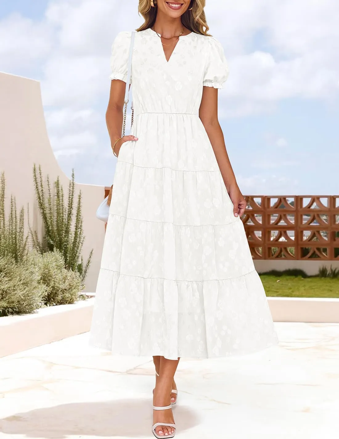 ZESICA Womens 2025 Summer Puff Short Sleeve Midi Dress Floral V Neck Textured Ruffle Flowy Beach Party Dresses