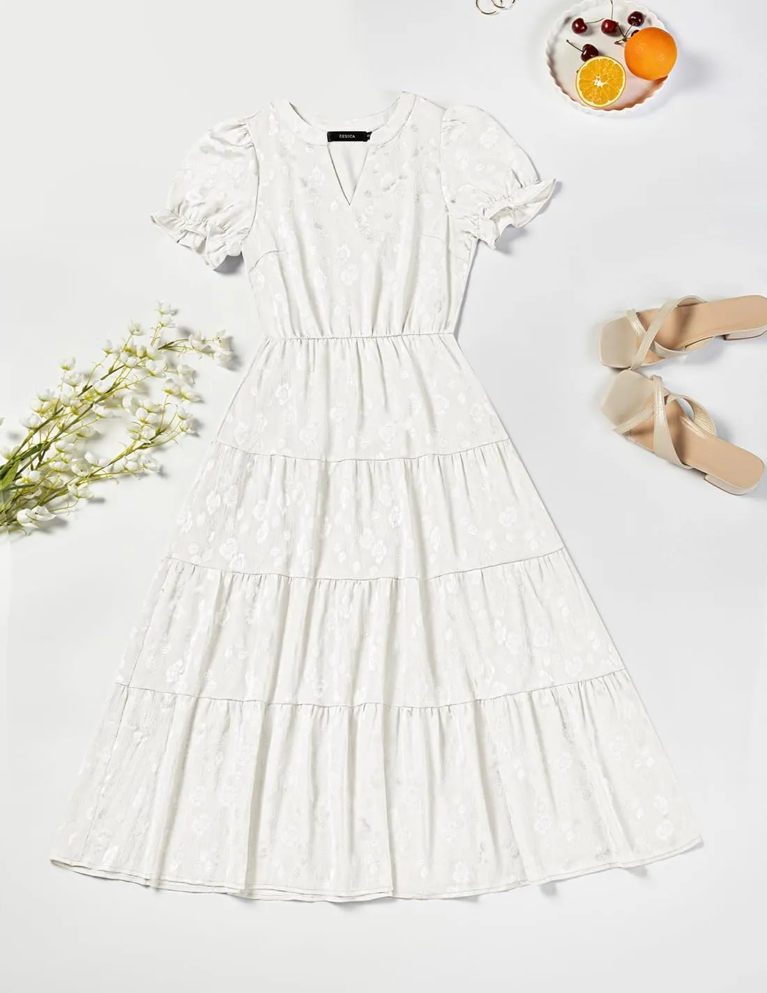 ZESICA Womens 2025 Summer Puff Short Sleeve Midi Dress Floral V Neck Textured Ruffle Flowy Beach Party Dresses