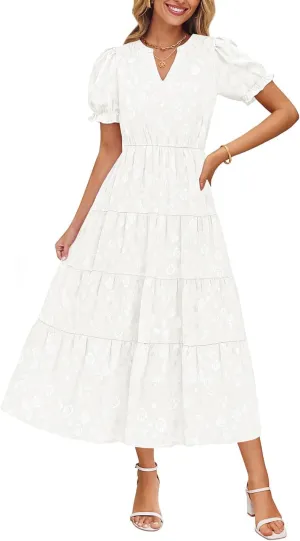 ZESICA Womens 2025 Summer Puff Short Sleeve Midi Dress Floral V Neck Textured Ruffle Flowy Beach Party Dresses